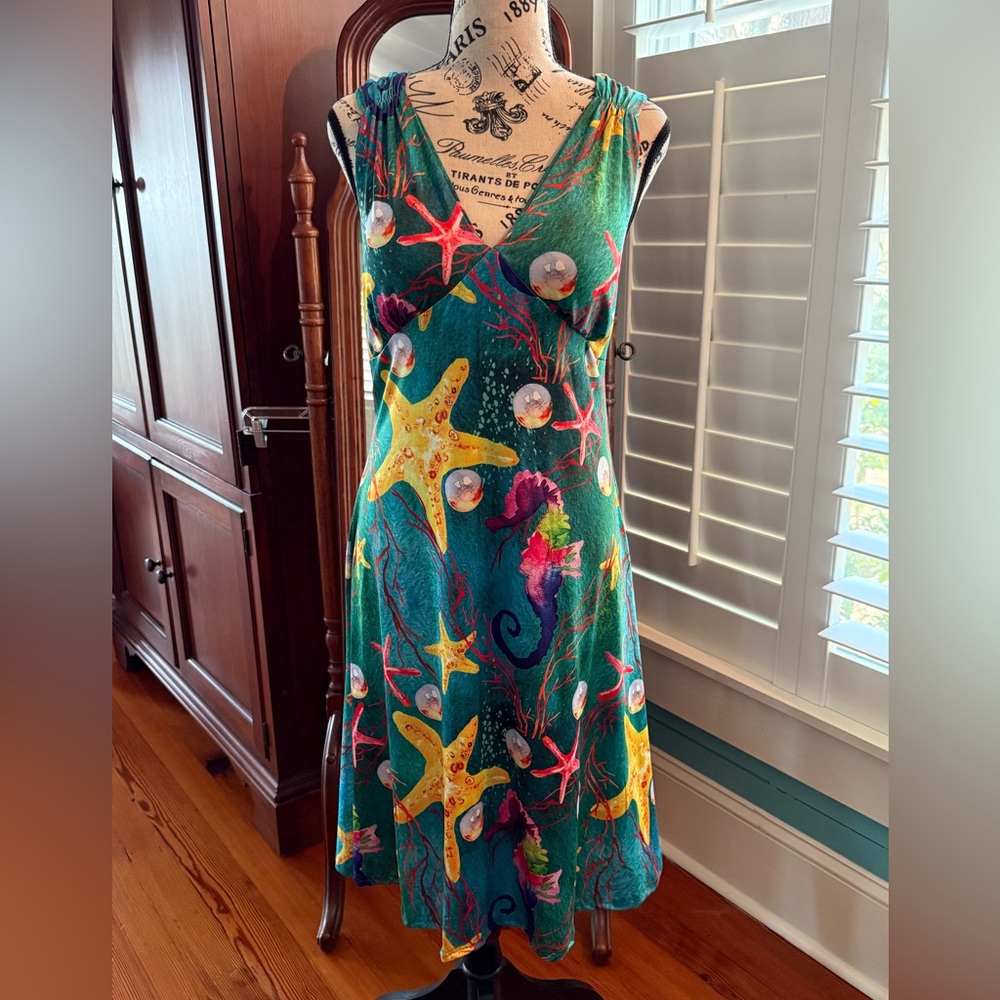Teal Ocean Print Sleeveless Summer Dress